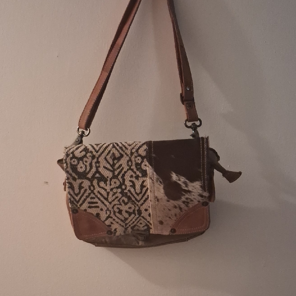 Myra Bag Brown Patterned Haircalf & Leather Crossbody - Picture 3 of 10